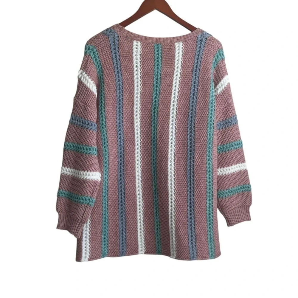 Davi & Dani Women Cozy Tunic Sweater Large Rose Striped Chunky Knit Boutique‎